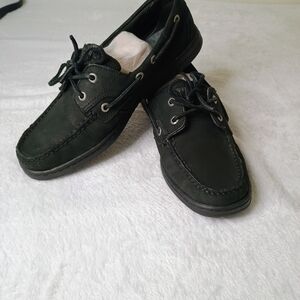 👞 Women's Sperry Top-Sider All Black Leather Boat Shoes 8.5